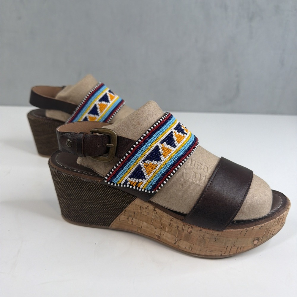 Pikolinos Womens 38 Brown Leather Beaded Wedge Sandals Boho Made in Spain - Picture 3 of 16
